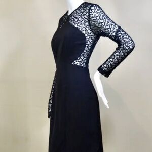 Lela Rose Black Dress Sheer Polka Dot Mesh Sleeves Panel Detail NY Made, Elegant